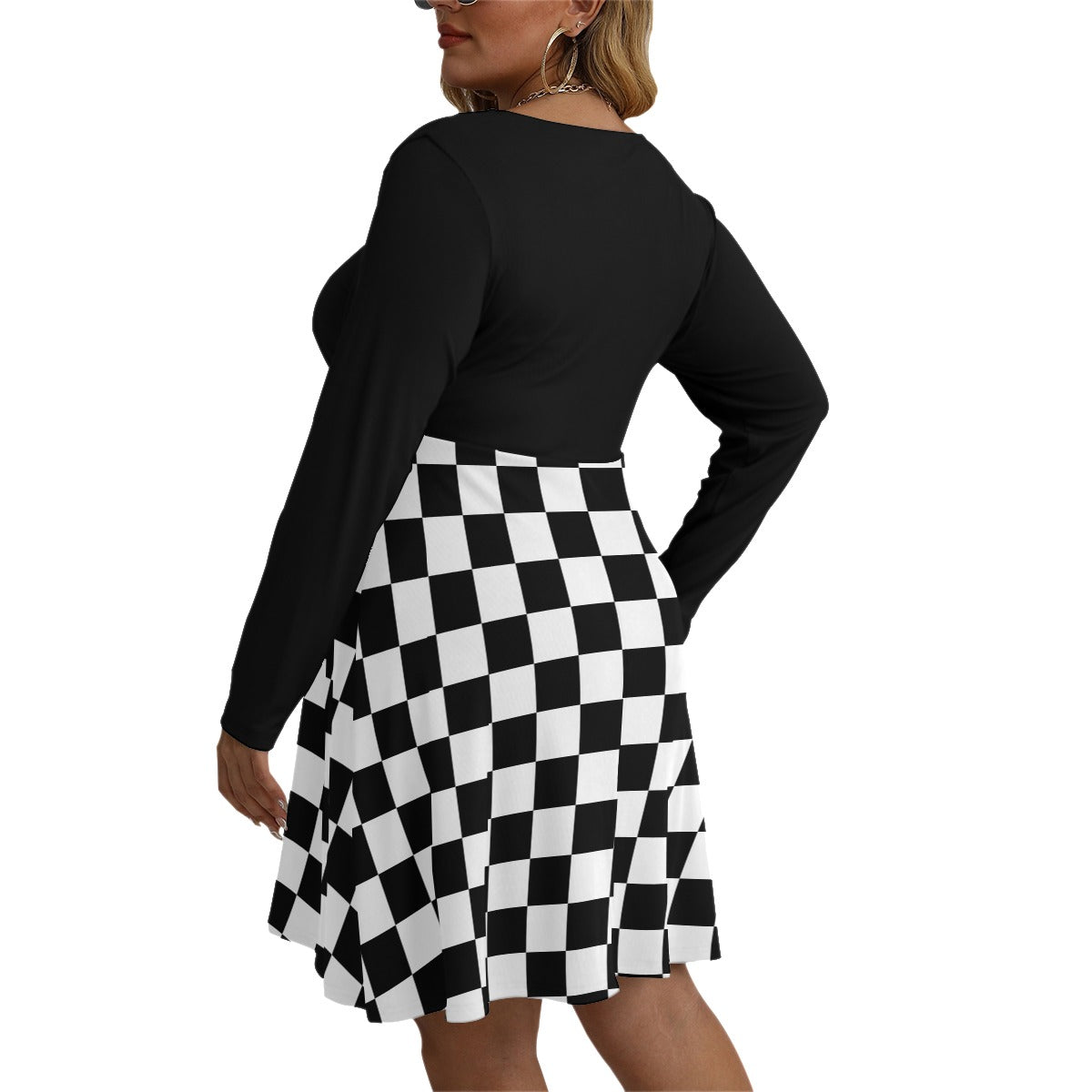 Checkerboard Women's V-neck Long Sleeve Dress(Plus Size)