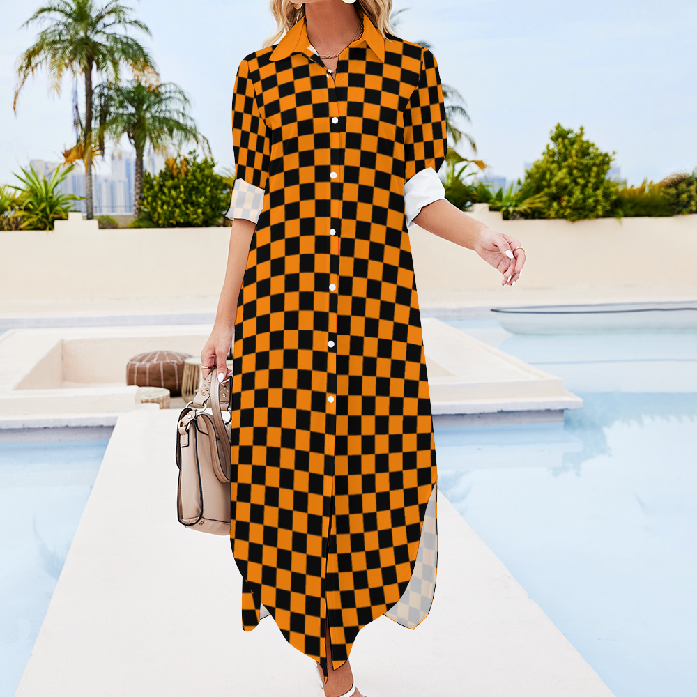 Checkerboard Long Sleeves Button Up Shirt Dress