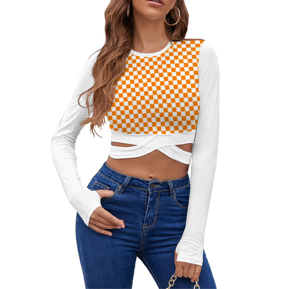 Checkerboard Long Sleeve Sports Cropped Top