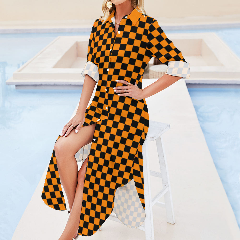Checkerboard Long Sleeves Button Up Shirt Dress