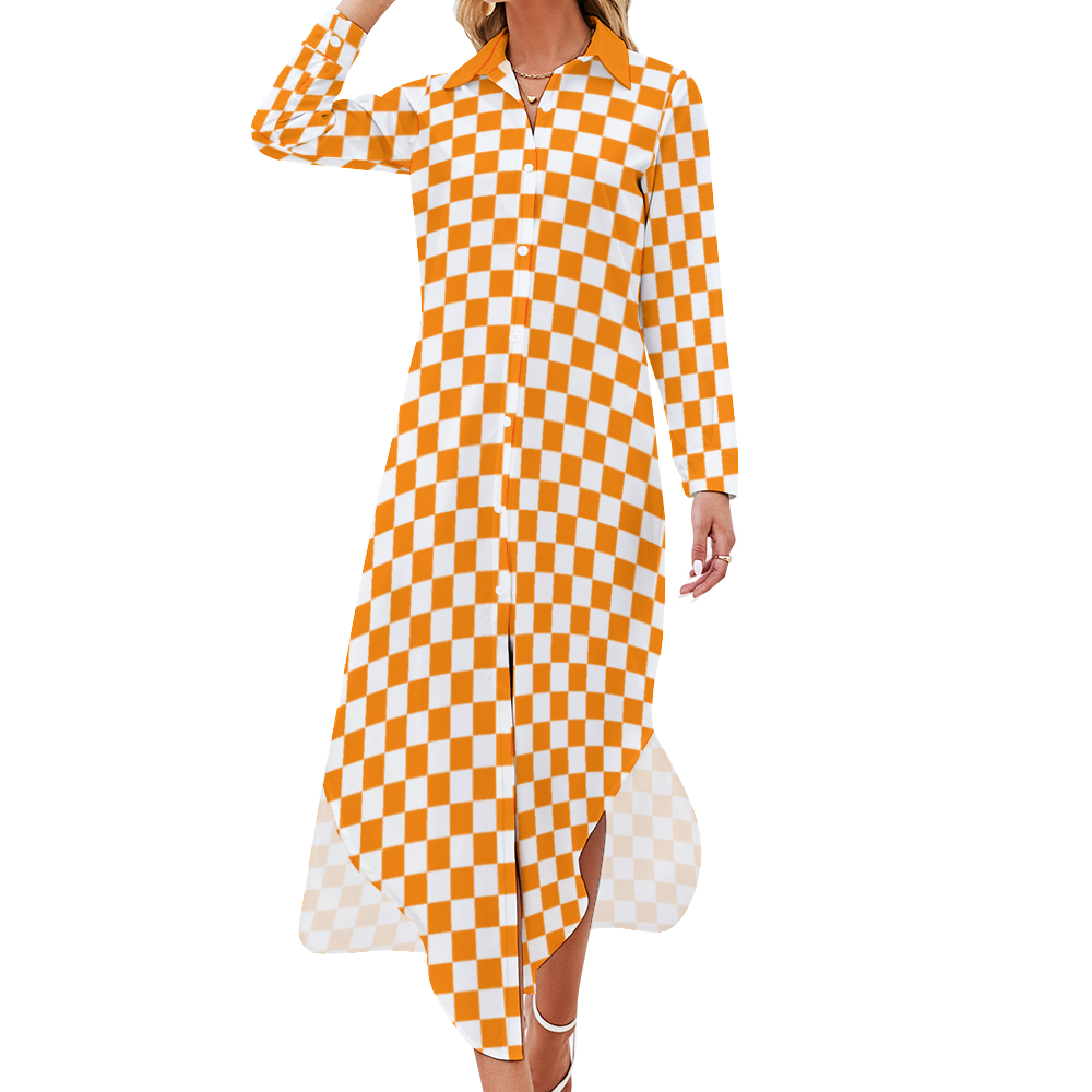 Checkerboard Long Sleeves Button Up Shirt Dress