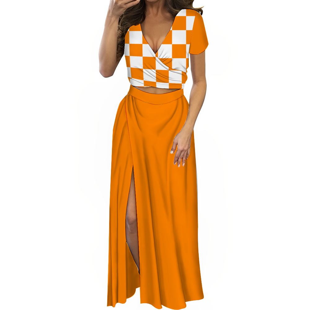 Checkerboard Women's Two Piece Outfit V-Neck Top and Long Skirt Set