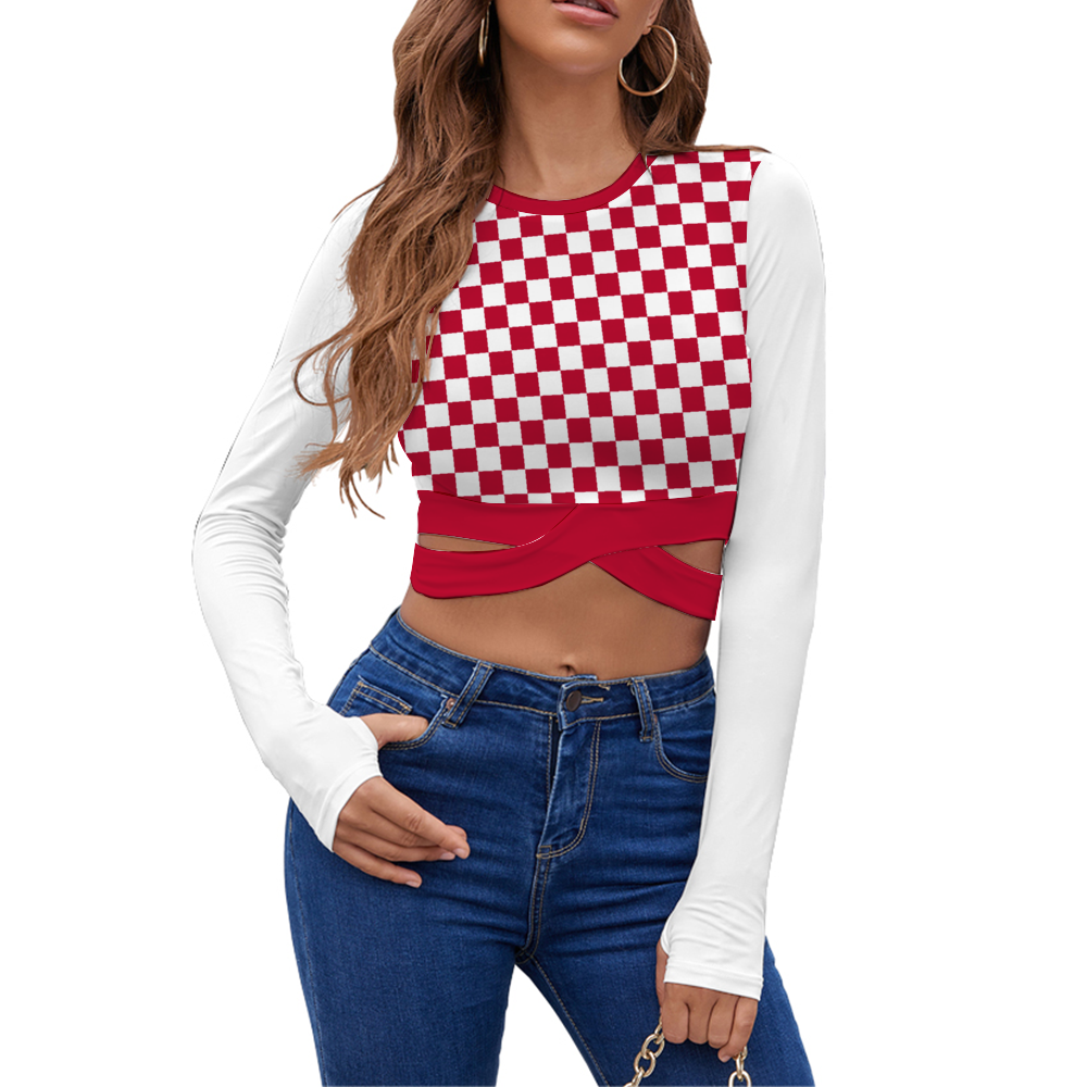 Checkerboard Long Sleeve Cropped Top
