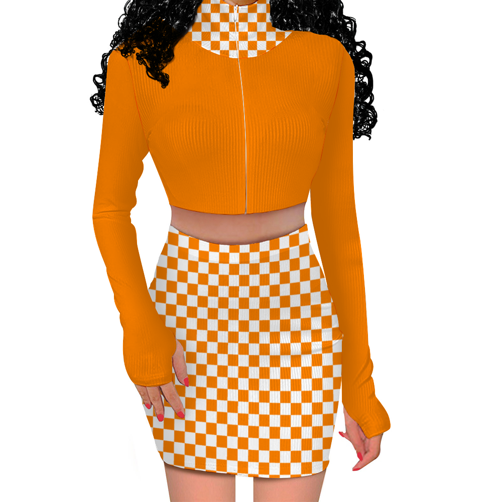 Checkerboard Two Piece Skirt Set Long Sleeve Zip Up Top