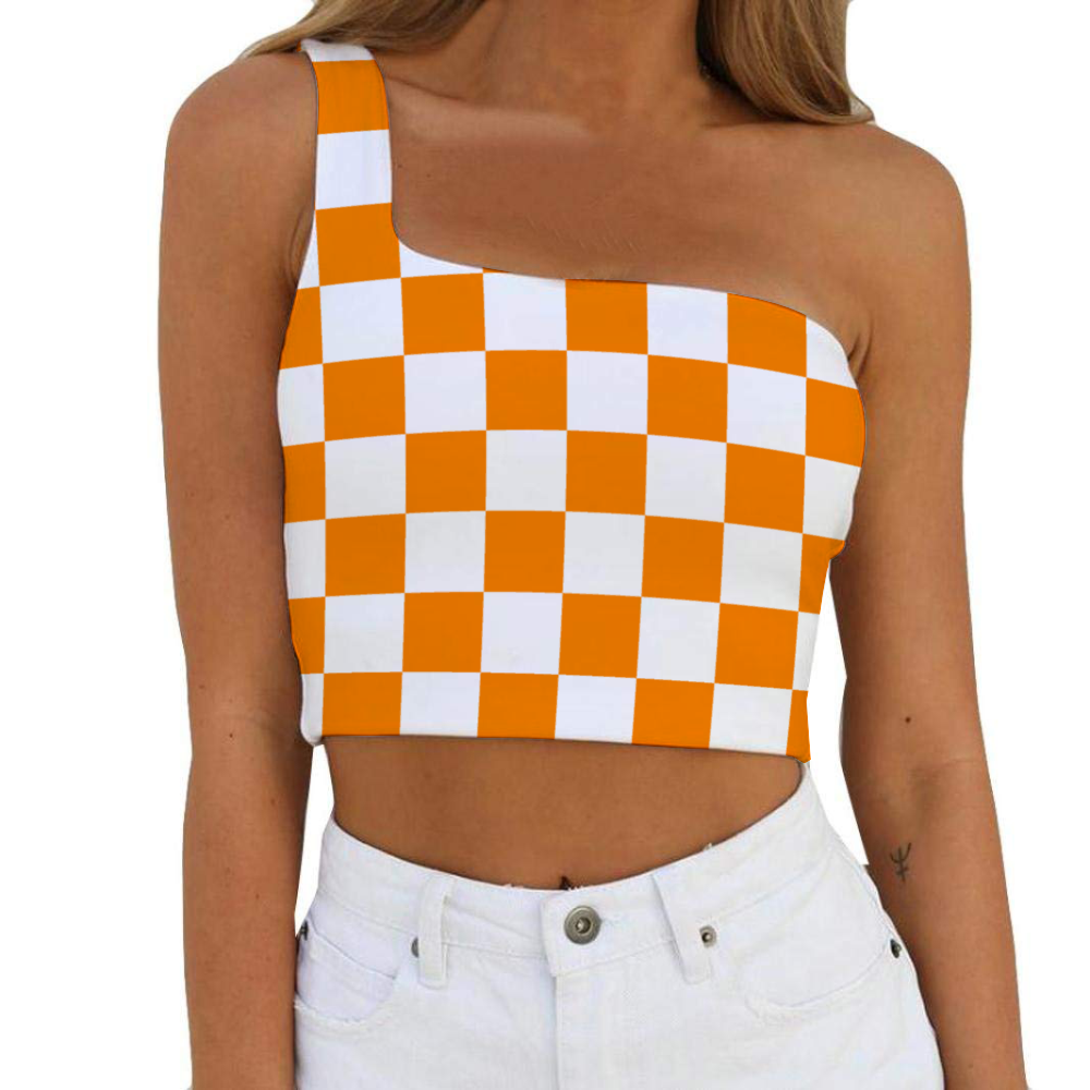 Checkerboard One Shoulder Tank Top Half Shoulder Tank