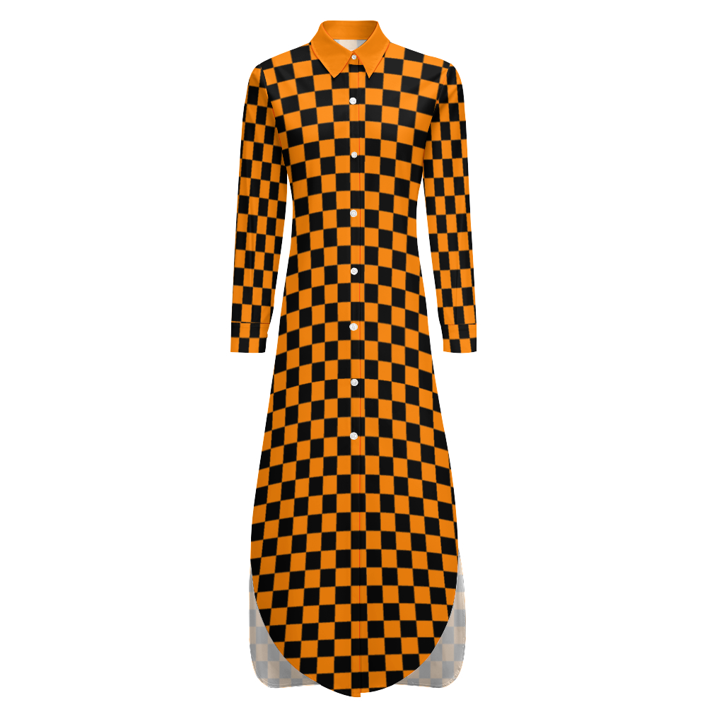 Checkerboard Long Sleeves Button Up Shirt Dress