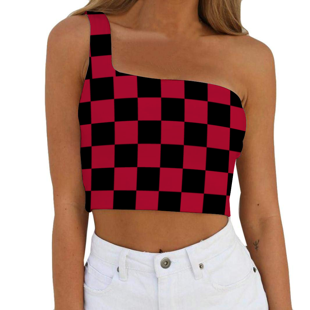 Checkerboard One Shoulder Tank Top Half Shoulder Tank
