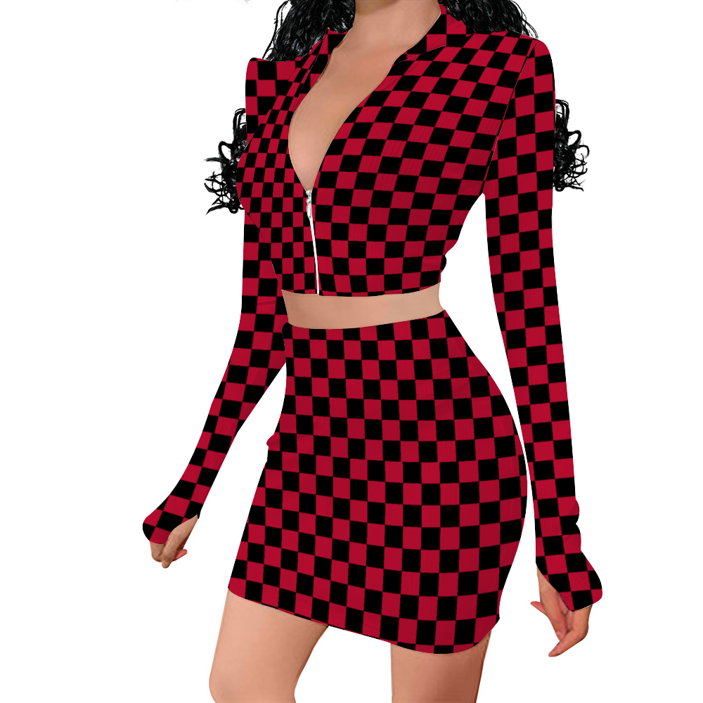 Checkerboard Two Piece Skirt Set Long Sleeve Zip Up Top