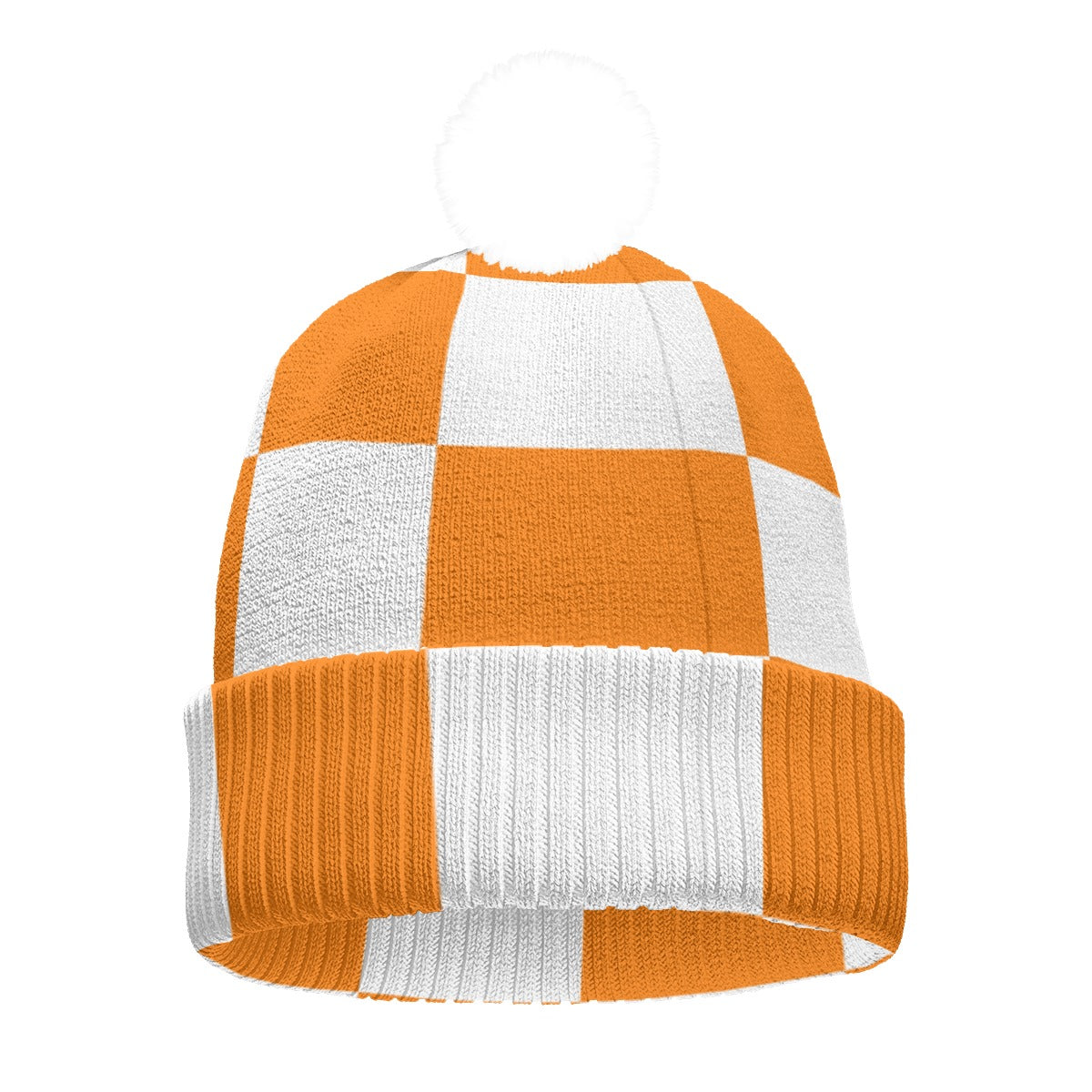 Orange and White Checkerboard Knit Beanie – Double-Sided Cozy Winter Hat