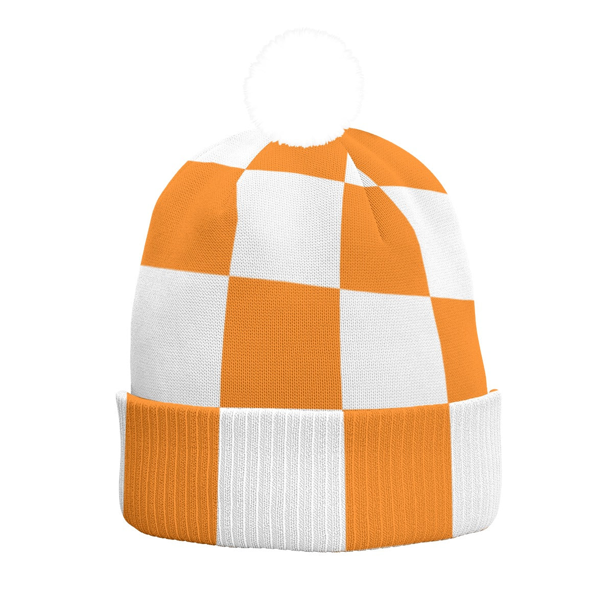 Orange and White Checkerboard Knit Beanie – Double-Sided Cozy Winter Hat