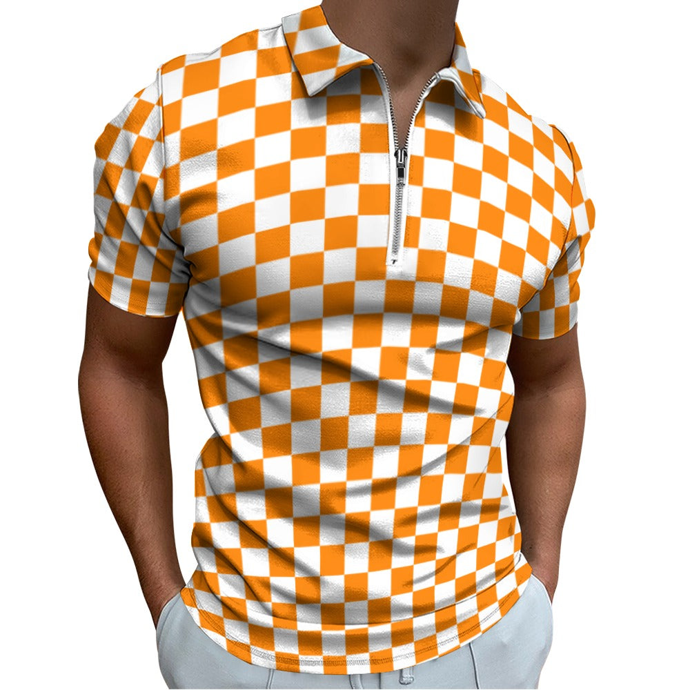 Checkerboard Short sleeve zipper polo shirt