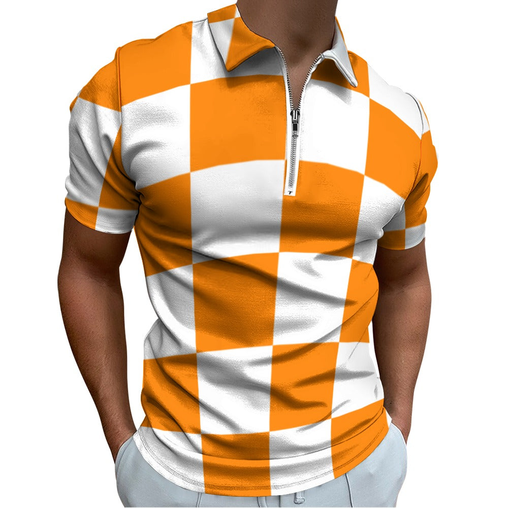 Large Checkerboard Short sleeve zipper polo shirt