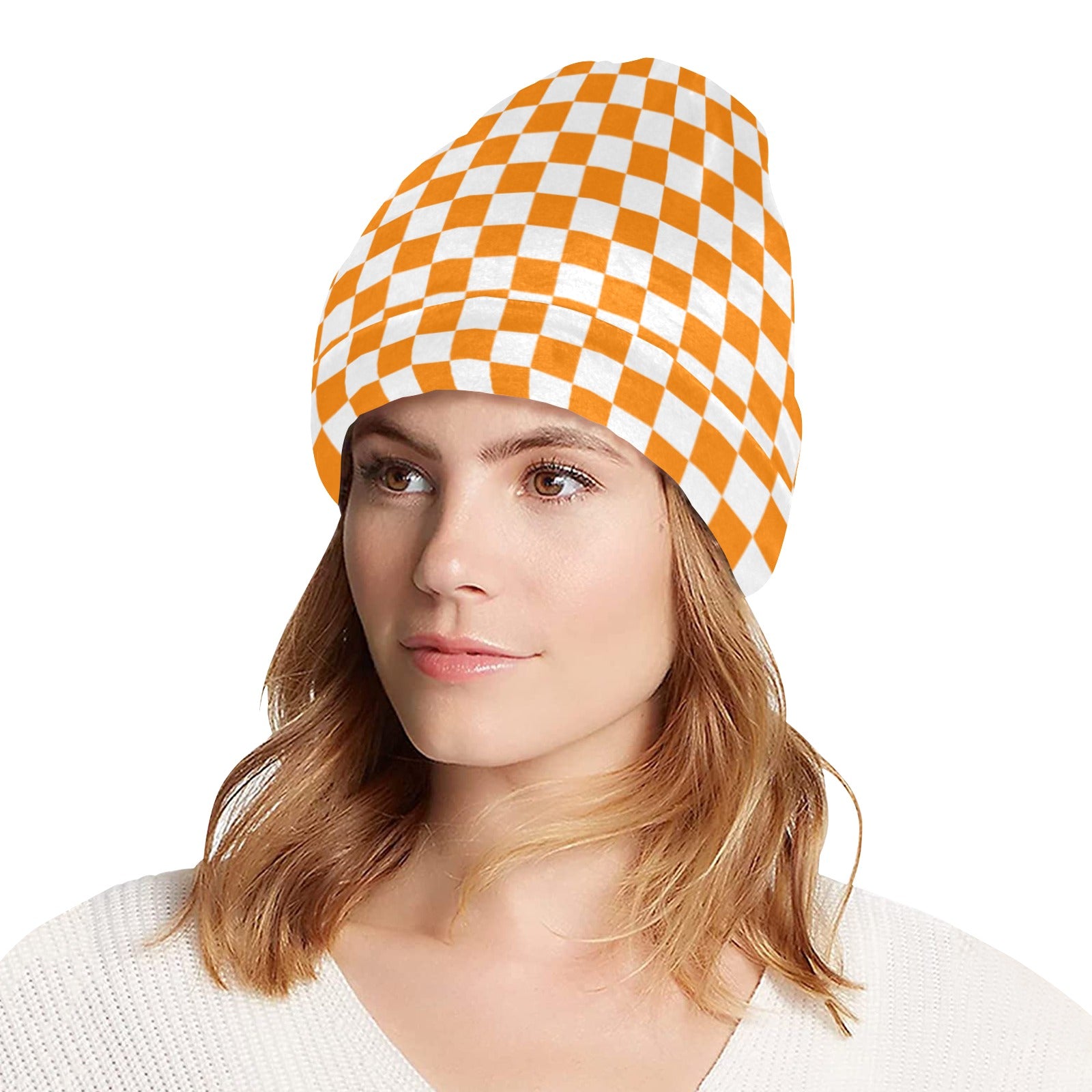 Orange Checkerboard Beanie for Adults