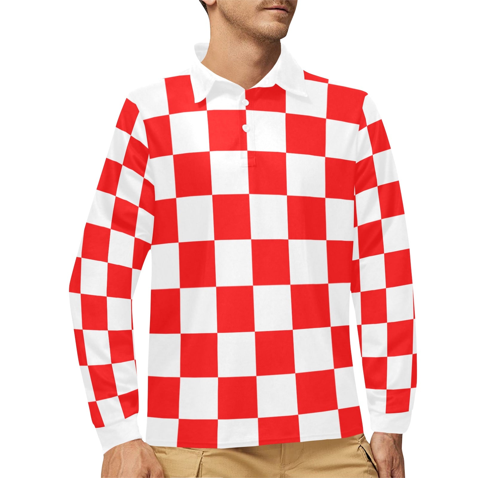 Men's Long Sleeve Checkerboard Polo Shirt