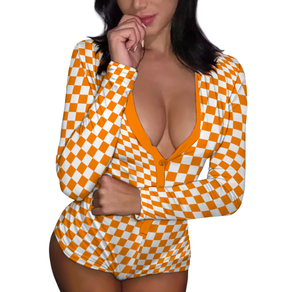 Checkerboard V-neck Long Sleeve Rompers Short Jumpsuits