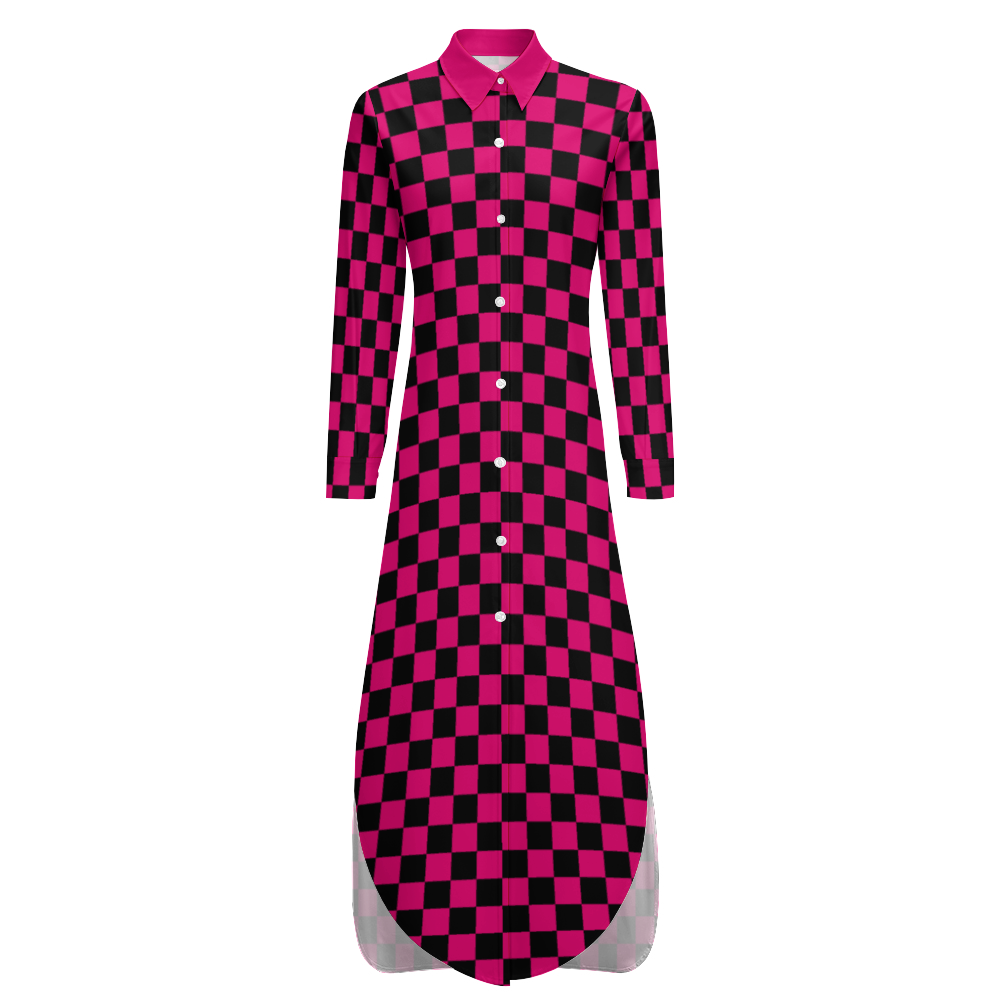 Checkerboard Long Sleeves Button Up Shirt Dress