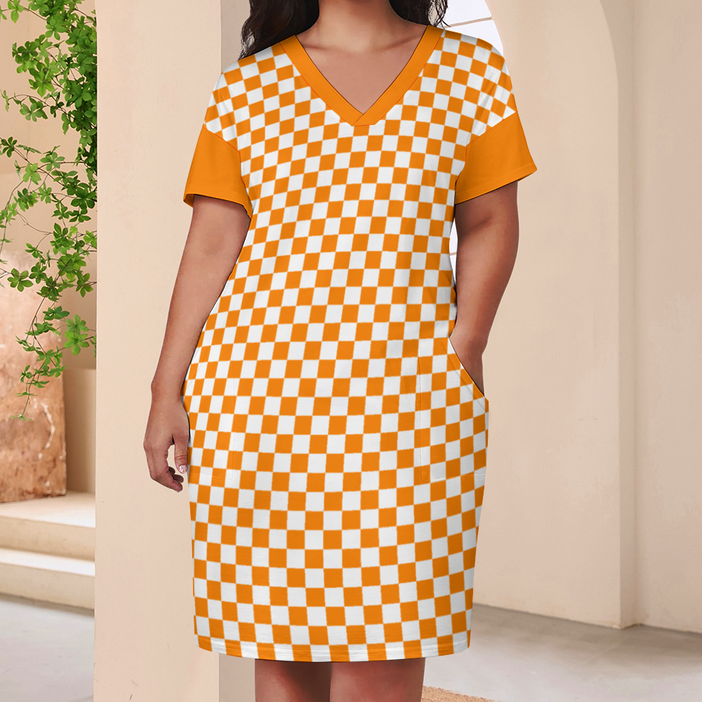 Checkerboard V-neck Loose Dress with Pockets