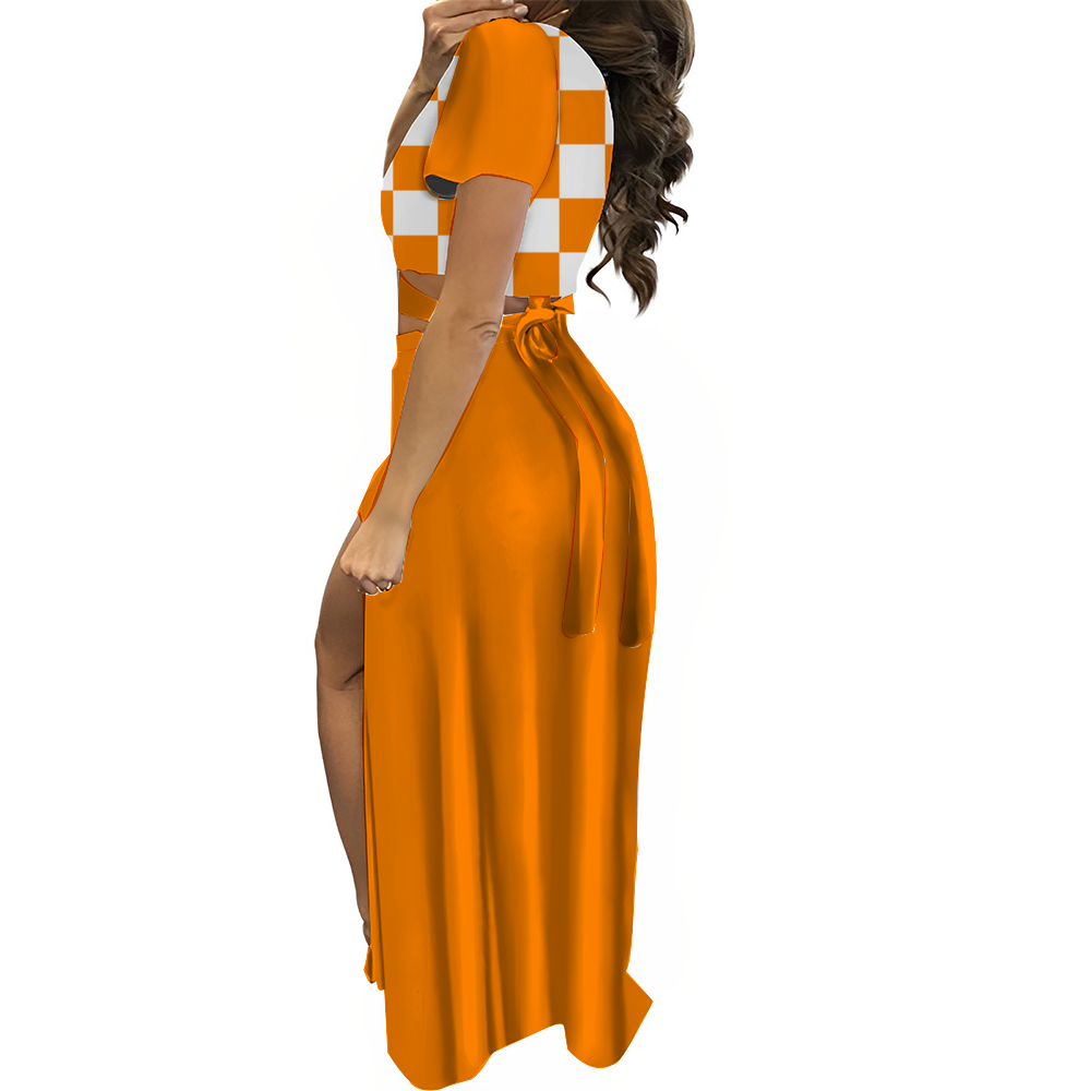 Checkerboard Women's Two Piece Outfit V-Neck Top and Long Skirt Set