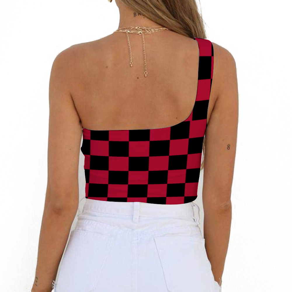 Checkerboard One Shoulder Tank Top Half Shoulder Tank