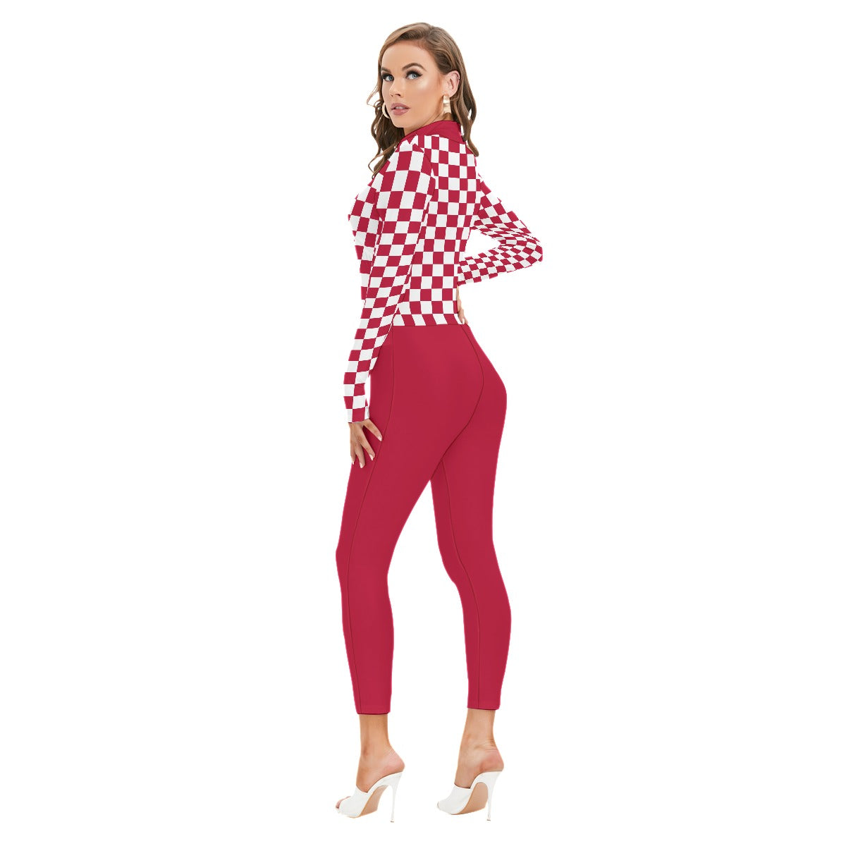 Checkerboard Women's Long-sleeved High-neck Jumpsuit With Zipper