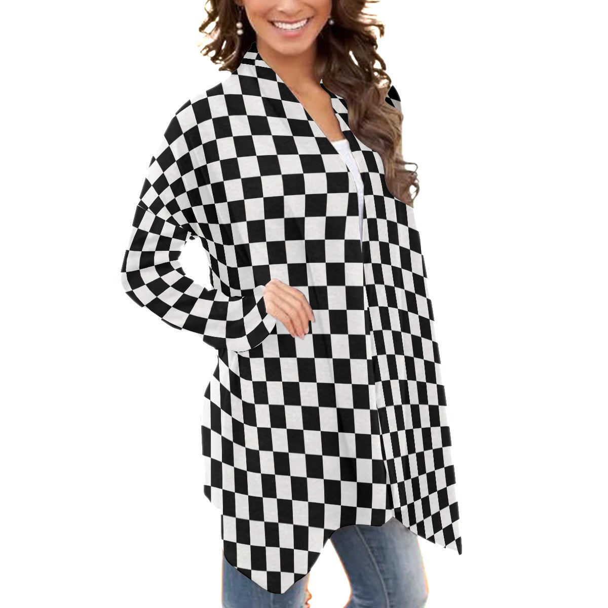 Checkerboard Women's Cardigan With Long Sleeve