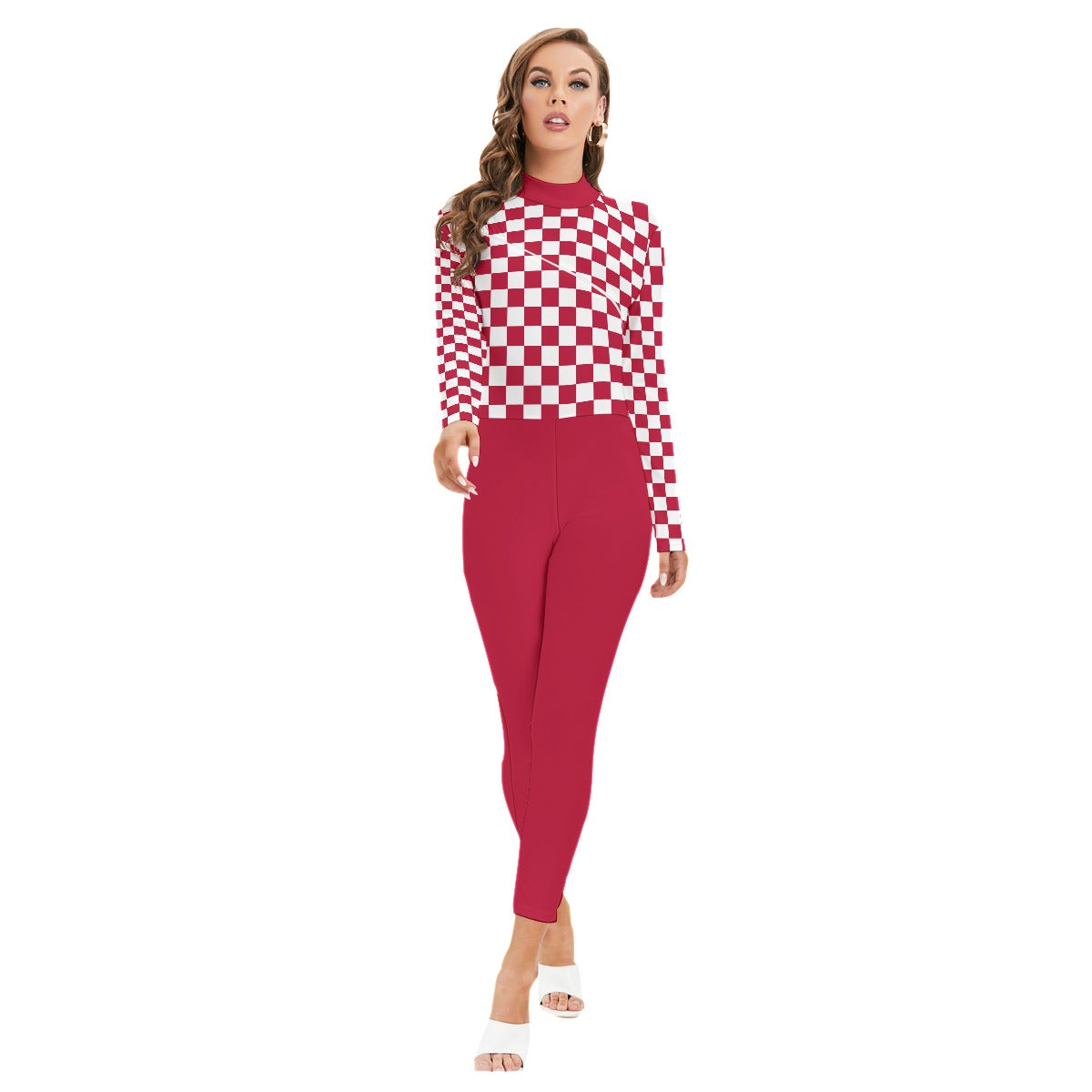 Checkerboard Women's Long-sleeved High-neck Jumpsuit With Zipper