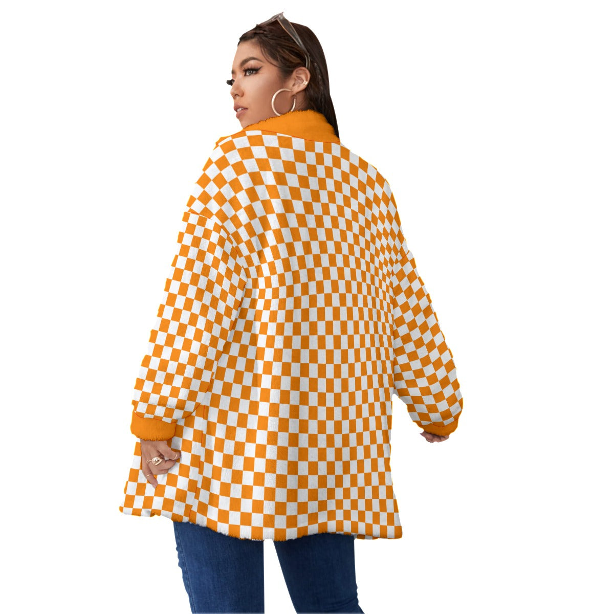 Checkerboard Borg Fleece Stand-up Collar Jacket With Zipper Closure(Plus Size)