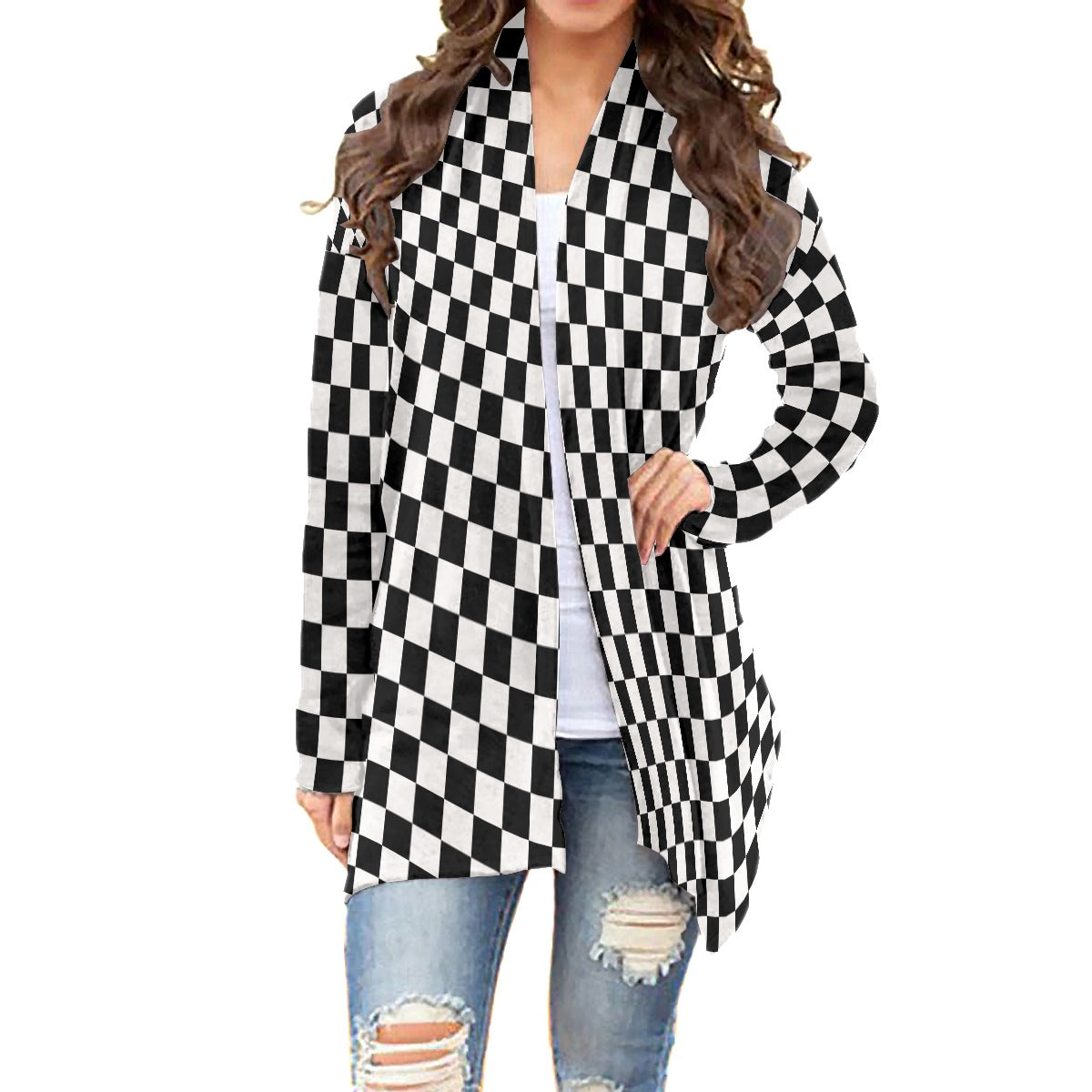 Checkerboard Women's Cardigan With Long Sleeve