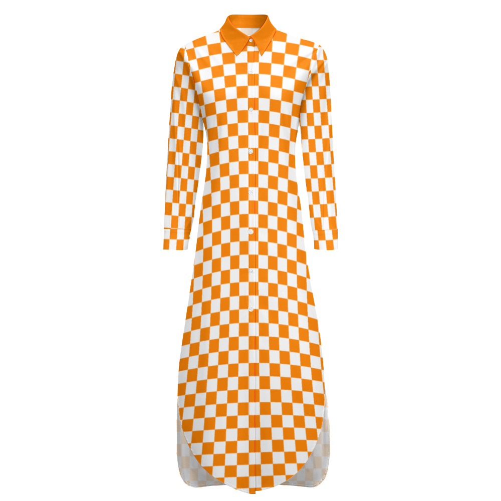 Checkerboard Long Sleeves Button Up Shirt Dress