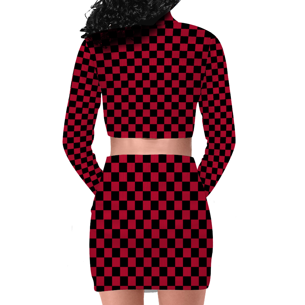Checkerboard Two Piece Skirt Set Long Sleeve Zip Up Top