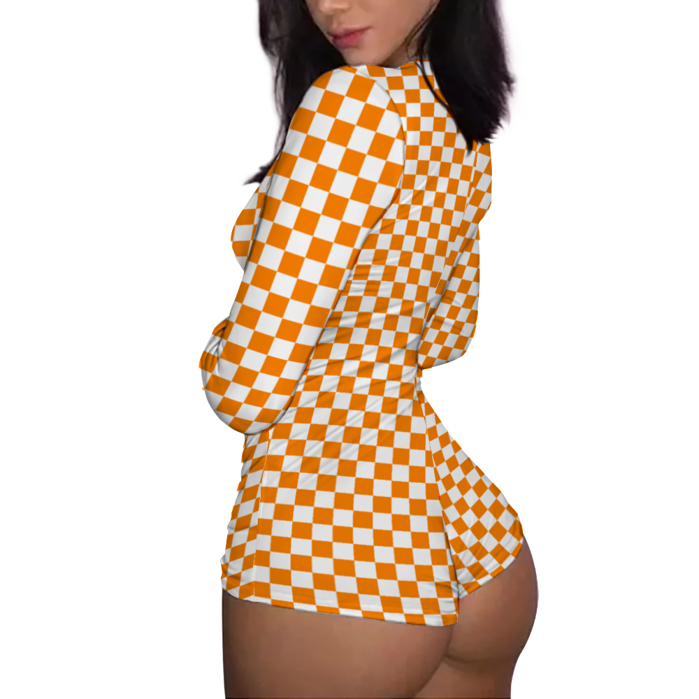Checkerboard V-neck Long Sleeve Rompers Short Jumpsuits
