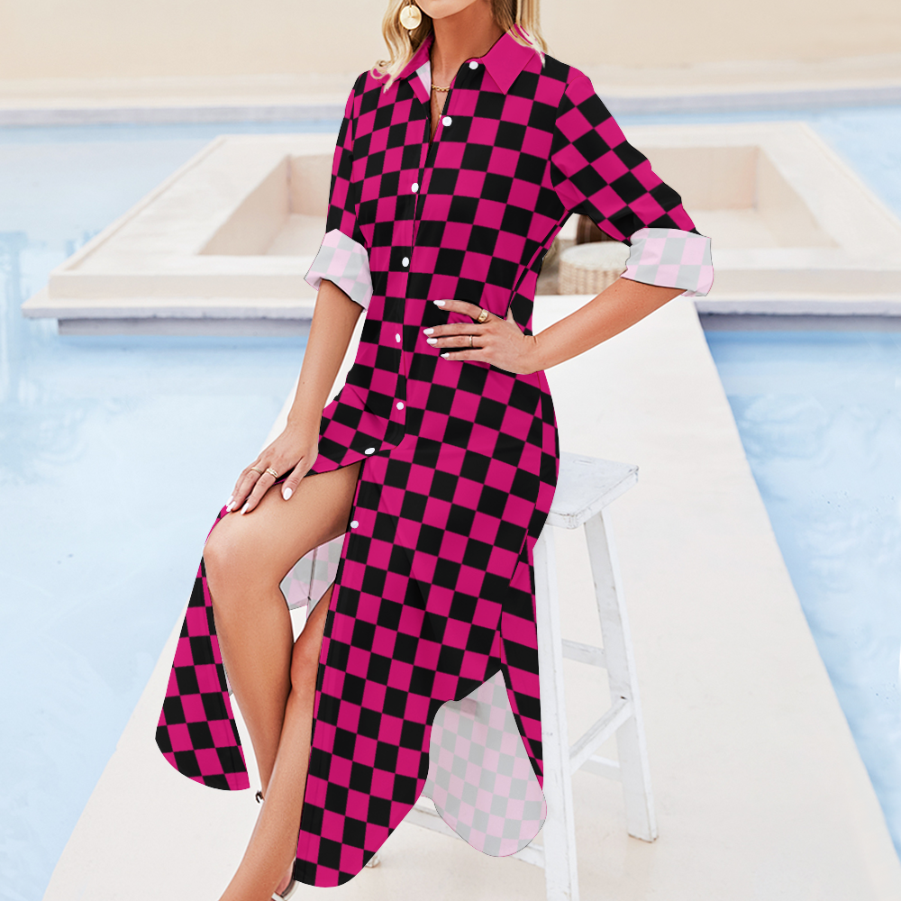 Checkerboard Long Sleeves Button Up Shirt Dress