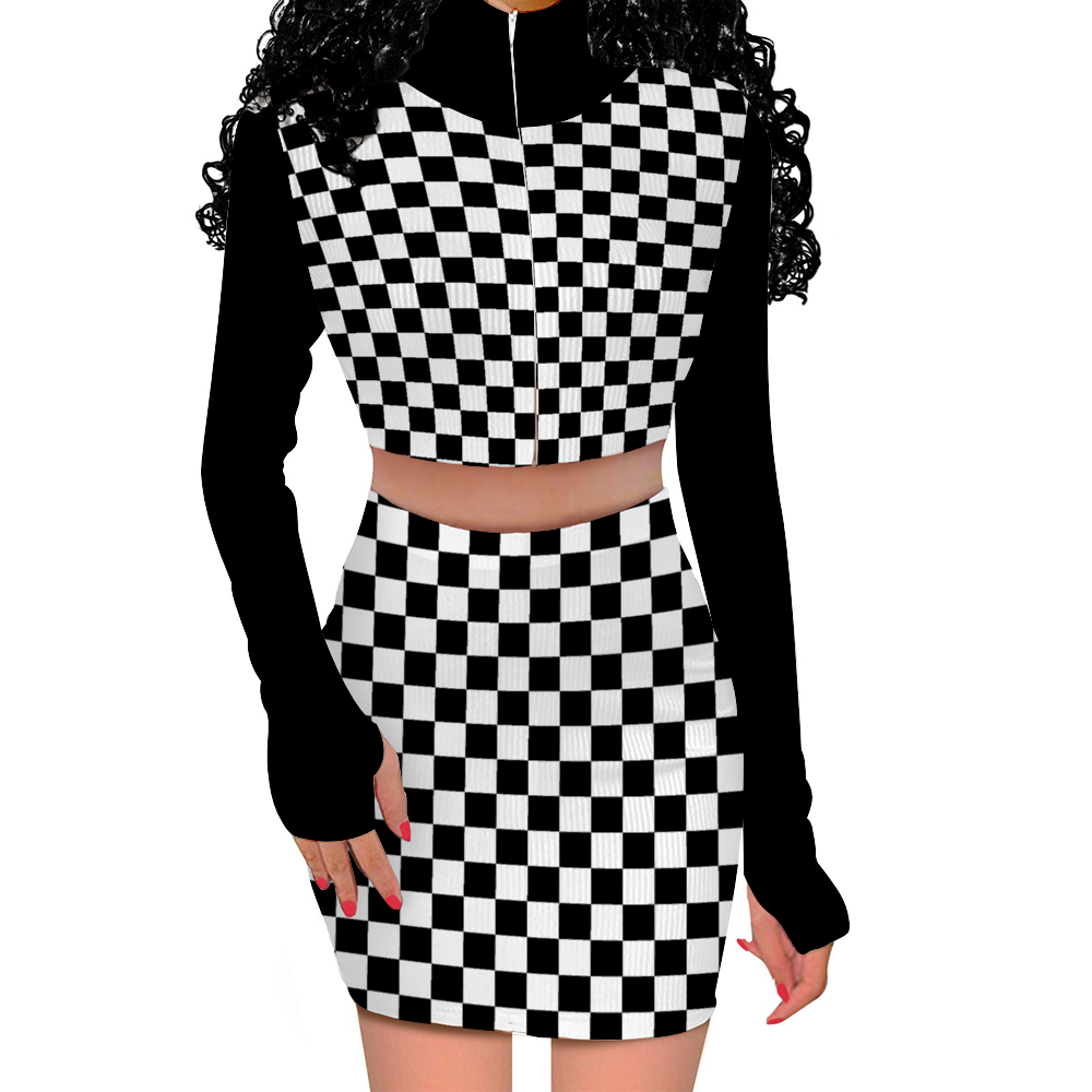 Women's Two Piece Outfit Long Sleeve Zip Up Top and Mini Skirt Set